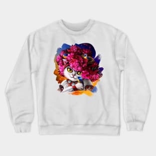 Cute white cat in the pink wreath Crewneck Sweatshirt